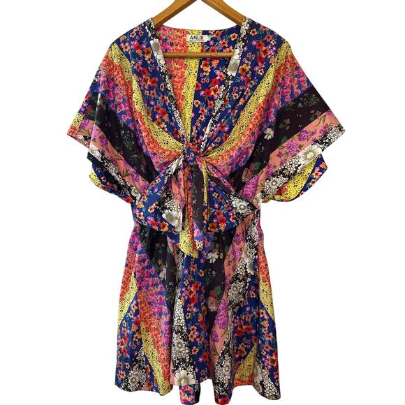 AMUR Nyla Floral Stripe Tie Front Mini Dress Size 8 Organic Cotton - Picture 3 of 11